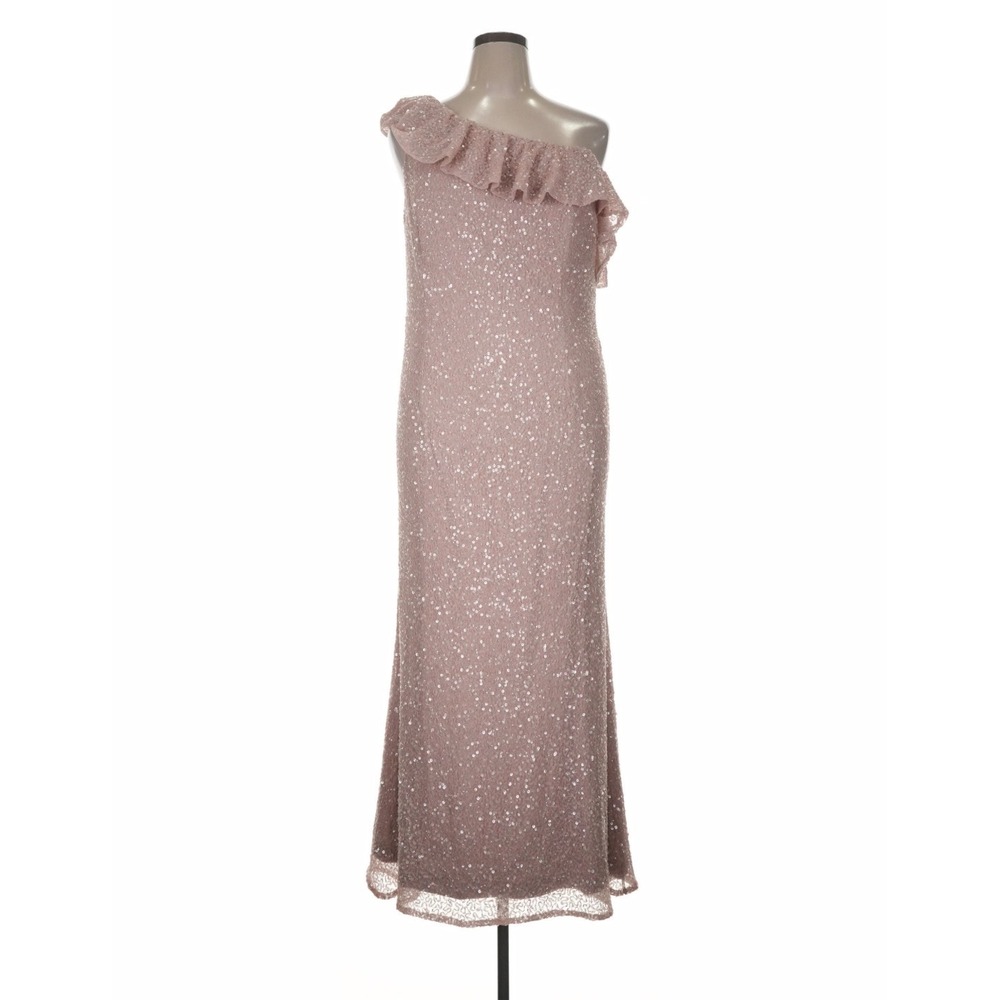 Mac Duggal One Shoulder Sequin Evening Gown Womens 14 Rose Gold Ruffle Formal
